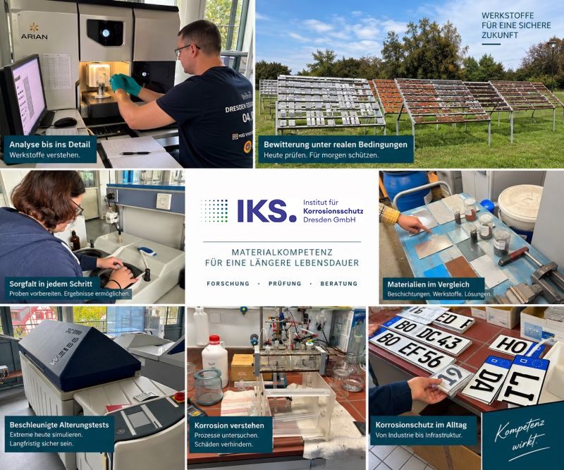 Bildcollage aus dem Laboralltag des IKS Dresden mit Werkstoffanalyse, Bewitterungsstand im Freien, Probenvorbereitung, beschleunigten Alterungstests und Korrosionsuntersuchungen; in der Mitte das IKS-Logo mit dem Claim „Materialkompetenz für eine längere Lebensdauer“.